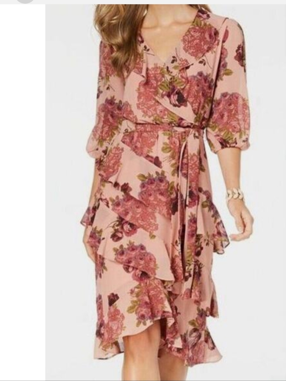 Betsey Johnson Floral Ruffle V Knee Dress Size 6 Roses Mauve 3/4 Sleeve Romantic